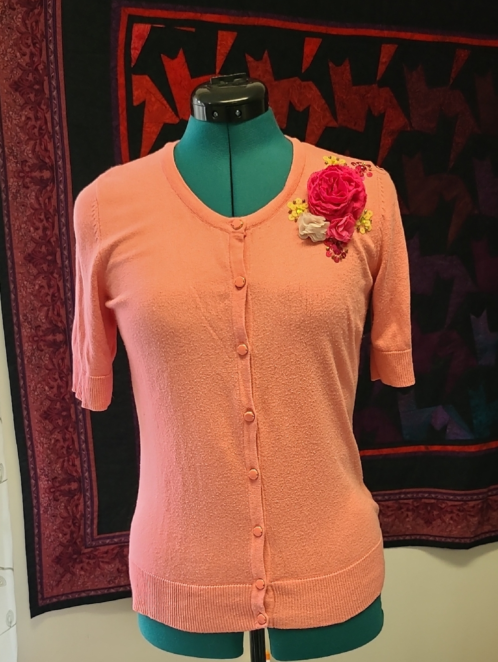 New York & Company Coral Pink Short-Sleeve Floral Applique Cardigan